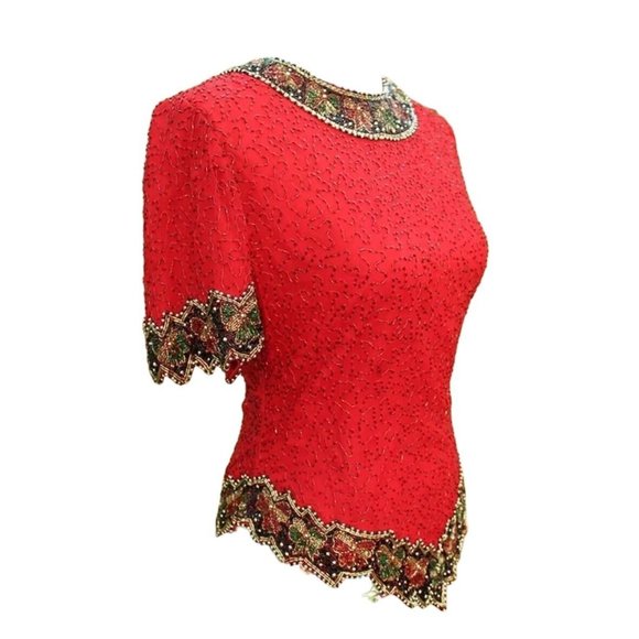 VTG 80s 90s Medium Red Silk Beaded Cocktail Blouse Statement Special Occasion - Picture 4 of 9